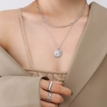 Silver double layer chain necklace with angel pendant and minimalist rings set - Steel Color Angel Boy Double Layer Necklace (P966)