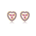 Golden heart stud earrings with purple micro-pave crystals and pink center stone - Gold Heart
