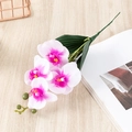 Artificial white orchid with pink center, realistic faux phalaenopsis with green leaves - 4-Head Phalaenopsis / White Purple