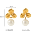Detail showing 18K gold-plated flower pearl earrings with precise 1.88cm x 3.15cm dimensions - Simple Gold Flower Pearl Pendant Earrings (HC-E10252)