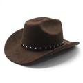Klassieke donkerbruine suède western cowboyhoed met een zwart beslagen lederen band - M(56-58cm) / Bruin (Suèda)