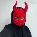 Hand-knitted red and black balaclava mask featuring devil horns for costume party - 57-59cm / Red Black Contrast Devil Horn Style / Red