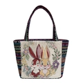 Ethnic style canvas tote bag featuring embroidered cartoon rabbits and floral details - 2 Rabbits