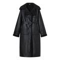Women's black long PU leather coat with faux fur trim on collar and cuffs and waist belt - S / Black