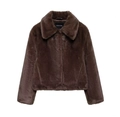 Detail of soft dark brown faux fur texture and large lapel collar on the fashion jacket - XS / Dark Brown