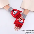 Women's warm knit gloves featuring red and grey snowman pattern with convertible flap cover - Flip Cover Half Finger Snowman Style / Red / Adult