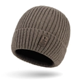 Men's winter knit beanie in brown color with ribbed texture and leather logo patch - Beige