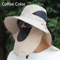 Men's coffee outdoor sun hat with wide brim, face cover and neck protector flap - Khaki (Veil Shawl Style)