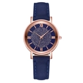 Detailed close-up of rose gold watch face with blue glitter dial and Roman numerals - Blue