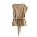 Women's summer khaki sleeveless asymmetrical top with a matching waist tie belt - Khaki Jacket