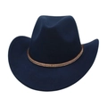 Close-up of navy blue wool felt cowboy hat with brown braided band and metal bead detail - Navy Blue