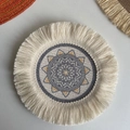 Bohemian cream woven cotton coaster with gray mandala pattern and fringe trim - 17cm Grey Orange Floral Coaster Style 11