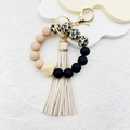 Silicone bead keychain bracelet with leopard print beads and a beige leather tassel - Beige Leopard