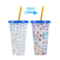 710ml color changing cold cup with blue lid and heart pattern showing cold transformation - Heart Cup (Blue)