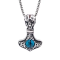 Silver Viking Thor's hammer necklace with blue evil eye stone and skull engraving - With 60CM Chain / Blue