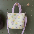 Cute yellow canvas bucket bag with purple pleated handle and cartoon floral prints - Small Yellow Flower