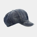 Detailed side view of stonewashed dark blue denim newsboy cap with vintage stitching - Dark Blue