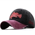 Detail of fish embroidery and side text on washed cotton baseball cap crown - Adjustable / Charcoal/Burgundy