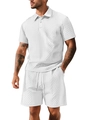 Completo estivo da uomo bianco con polo e pantaloncini in tessuto a nido d'ape morbido - S / Bianco