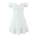Elegante witte kanten zomerjurk met blote schouders, borduursel en veterdetail - S / Wit