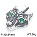 Silver Viking wolf pendant with green eyes, Celtic moon style, 39x34mm stainless steel - Green Eyed 3D Wolf Head Pendant (KP116672-MZOZ)