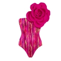 One-shoulder swimsuit with colorful abstract print and a 3D pink rose flower decoration - S / One Shoulder Flower Swimsuit