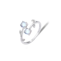 Eleganter 925er Silberring in Weinrebenform mit blauem Mondstein und Zirkonia-Blättern - Einstellbar Offen / Silber Rebe Glasstein Stil (J0255)