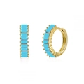 Detail view of gold huggie earrings set with turquoise rectangle stones on white background - Step Cut Blue Stone Hoop Gold