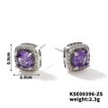 Square purple zircon earrings with halo diamond setting in silver finish, size 0.9cm - Silver with Purple Rhinestone