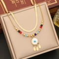 Detail of gold double-layer necklace with enamel evil eye pendant and colorful beads - 3# Eye Necklace