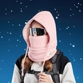 Pink winter knitted thermal hood mask with plush lining and drawstring for outdoor warmth - Pink