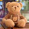 Soft cuddly teddy bear plush toy wearing a stylish brown hoodie on a wooden table - Brown