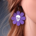 Halloween purple petal earrings with white skull center worn by a model for gothic style - Purple Flower Skull