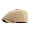 Classic light brown newsboy cap in textured tweed knit wool blend for autumn and winter - Adjustable / Light Khaki