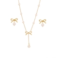 Elegantes goldenes Schleifen-Schmuckset mit langen Perlen-Quasten und Halskette - Schleife Perle Halskette Und Ohrringe Set (1#)