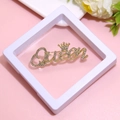 Golden Queen letter brooch with sparkling rhinestones in a white gift box for women - XZ112-Queen Letter-Boxed