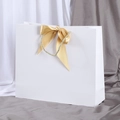 Minimalist white paper gift bag with golden braided rope handles and a silk bow - White; Horizontal Extra Small Size 19*15*7 Ribbon Style