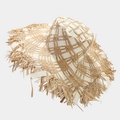 Detail of two-tone raffia sun hat featuring a wide fringed brim and woven check pattern - M (56-58cm) / Beige