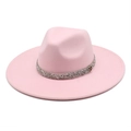 Close-up of pink wide brim wool fedora with rhinestone band and silver M-logo charm - M (56-58cm) / Pink