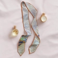 Artistic oil painting style silk hair scarf in blue and gold with orange border detail - Silver Grey Sailboat
