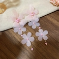Close-up of pink fabric flower tassel earrings with delicate golden chains and beads - Chiffon Floral Beaded Tassel Style (36#银针) / Light Pink