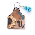 Western style leather sunflower key chain with teal tassel and letter U pendant - Letter U