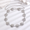 Detail of silver bohemian metal waist chain with sunburst discs and lobster clasp closure - Silver Sun Texture Disk Style (K-1171)