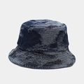 Detailed macro view of vintage dark blue washed denim fabric with frayed fringe edges - M / Distressed Flat Top (Deep Blue)