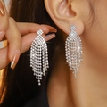 Elegant geometric diamond-shaped drop earrings with silver rhinestone fringe tassels - Silver Rhombus Top Tassel Earrings