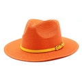 Detail of orange woven straw sun hat featuring a yellow leather belt with metal buckle - M (56-58cm) / Orange