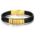 Close-up of triple-layered black braided leather bracelet with four gold engraved nameplates - 19cm / 4 Names / Gold Clasp
