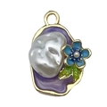 Baroque pearl pendant with blue enamel flower and green leaf in golden finish - Purple Oval Purple Flower Pearl-22088