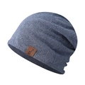 Detail of navy knit beanie featuring a brown leather patch with HAVE MUSIC engraving - Adjustable / Blue