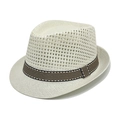 Creamy white paper straw fedora hat with mesh hollow weave and striped band - M / White (Mesh Webbing)